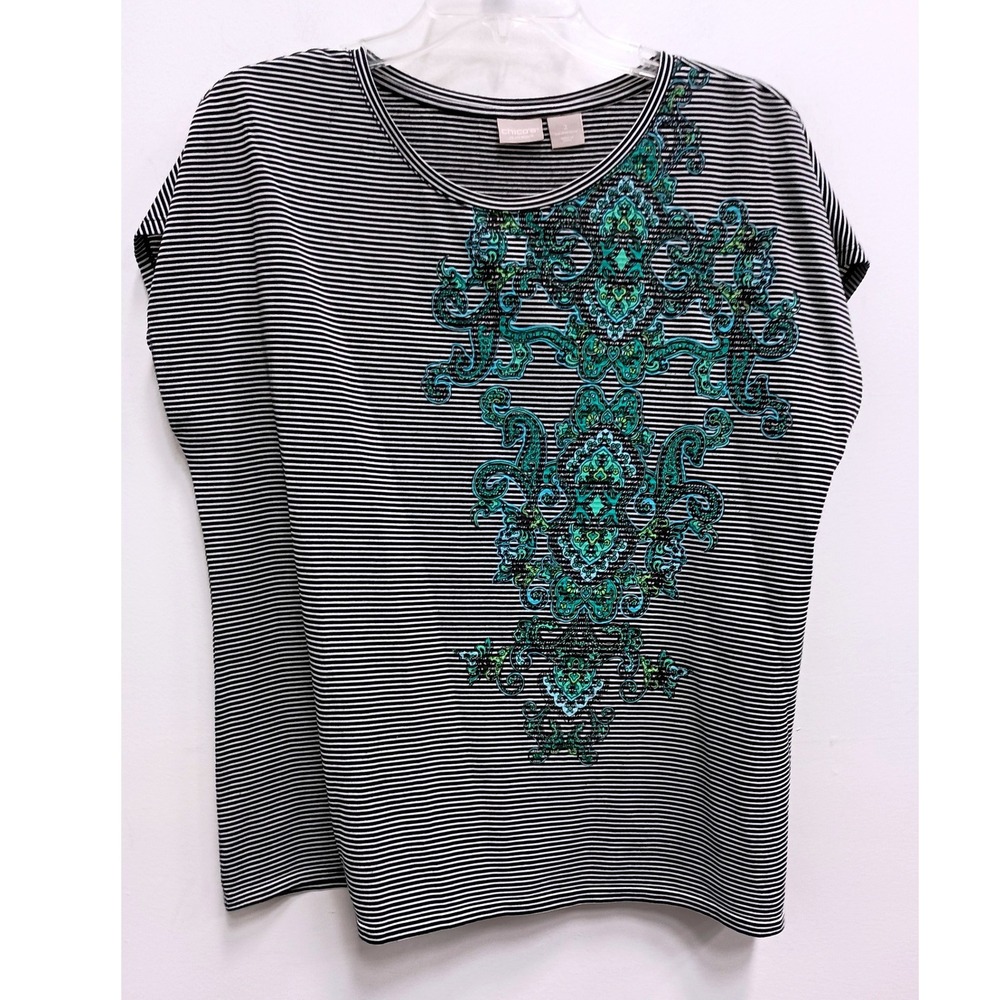 Chicos Zenergy Top Womens L Black White Striped Paisley Tee Short Sleeve